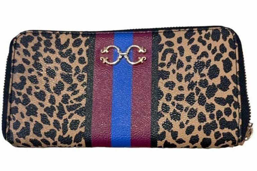 C. Wonder Leopard Print Zip Around Wallet with Striped Detail